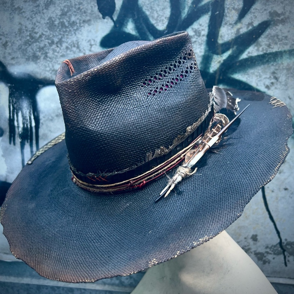 OUTLAW Custom Distressed Shantung Straw Wide Brim Hat